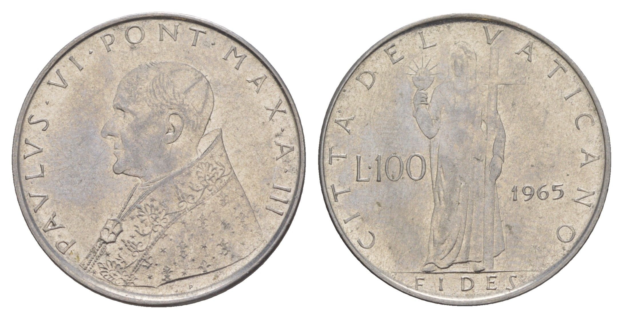 Ватикан 100 лир 1965 Павел VI KM 82 нержавеющая сталь UNC 4648-141