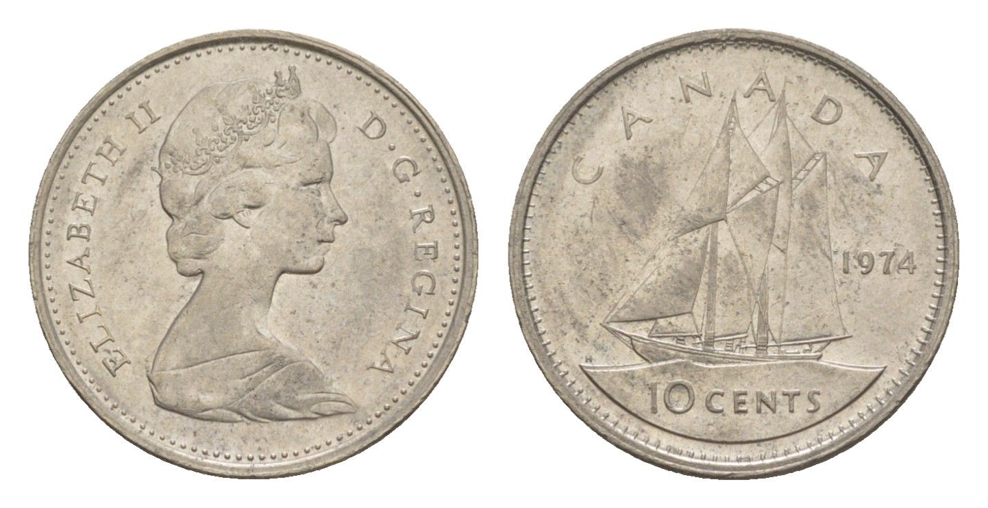 Канада 10 центов 1974 Елизавета II (1952-2022), парусник KM 77 никель 4639-631