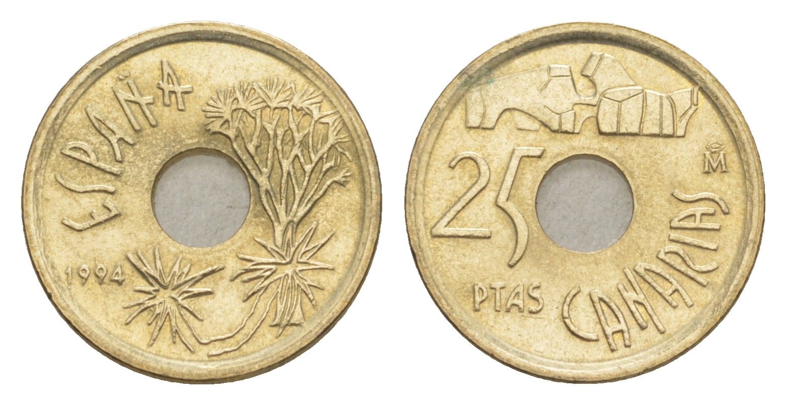 Испания 25 песет 1994 Канарские острова (CANARIAS), Хуан Карлос I (1975-2014) KM 933 алюминиевая бронза UNC 4647-1118