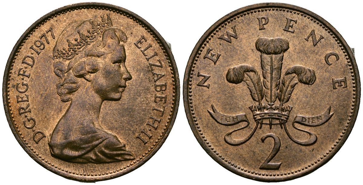 Великобритания 2 пенса 1977 Елизавета II (1952-2022) KM 916, Spink 4235 (C1) бронза 4381-322