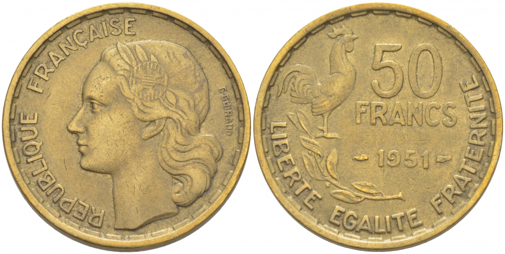 ФРАНЦИЯ 50 ФРАНКОВ 1951 ПЕТУХ KM 918.1, LE FRANC 425.5 алюминиевая бронза 4403-235