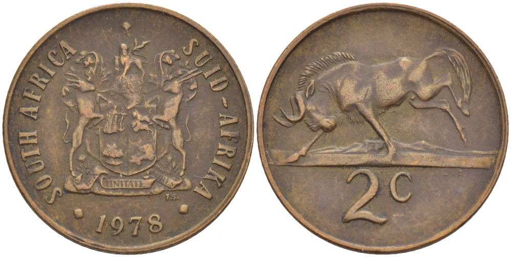 ЮАР 2 цента 1978 герб, антилопа гну KM 83 бронза 110-136