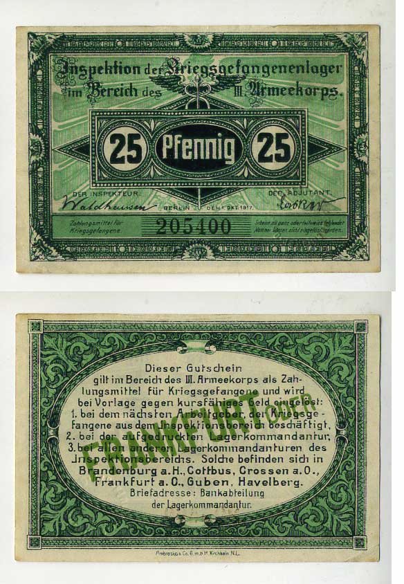 Германия 25 пфеннигов 1917 инспекция лагерей военнопленных в Франкфурте на Одере, III-ий Армейский корпус C-2962 бумага UNC (пресс) 504-92-1-2
