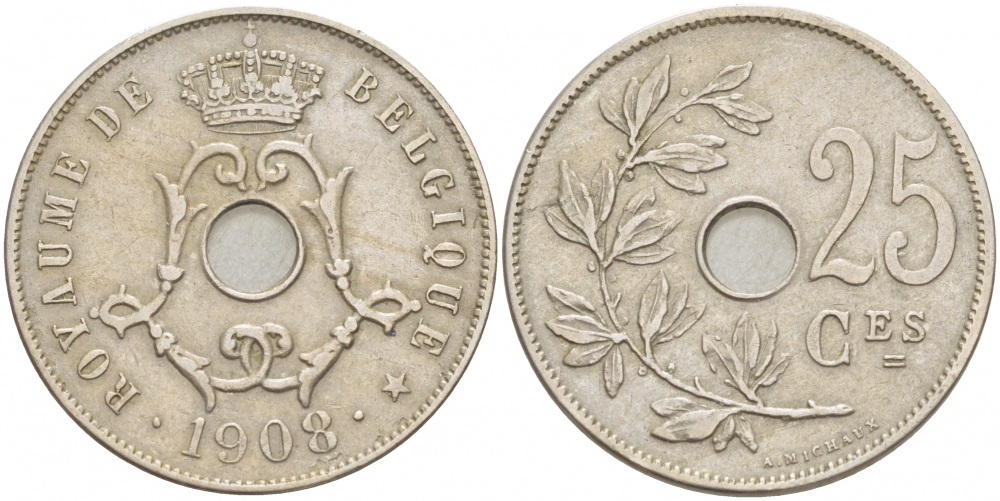 БЕЛЬГИЯ 25 САНТИМОВ 1908 BELGIQUE KM 62 медно-никель 3718-553