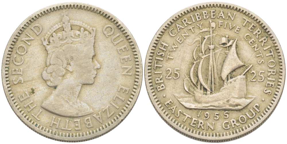 Британские Восточно-Карибские территории 25 центов 1955 Елизавета II (1952-2022), парусник KM 6 медно-никель 217-325