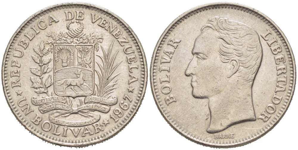 Венесуэла 1 боливар 1967 Симон Боливар KM 42 никель 217-545