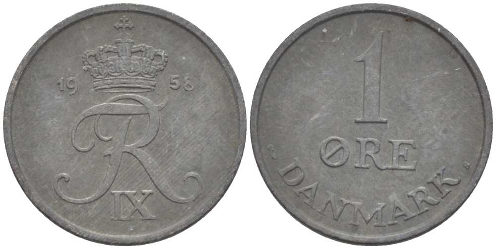 ДАНИЯ 1 ЭРЕ 1958 С; S, ФРЕДЕРИК IX (1947-1972) KM 839.2 цинк 4387-344