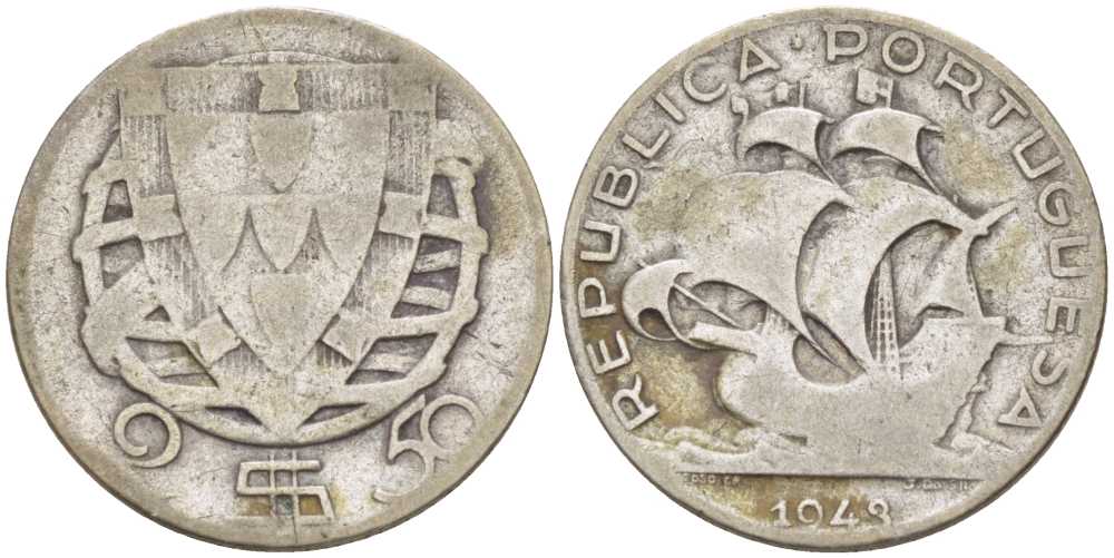 ПОРТУГАЛИЯ 2,5 ЭСКУДО 1943 ПАРУСНИК KM 580 серебро 98-341