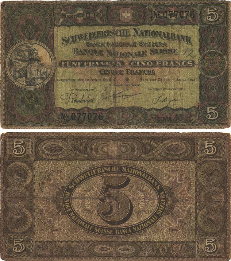 Швейцария 5 франков 1921 1 января 1921, серия 10 F Pick 11 e бумага 8606-9-2-1