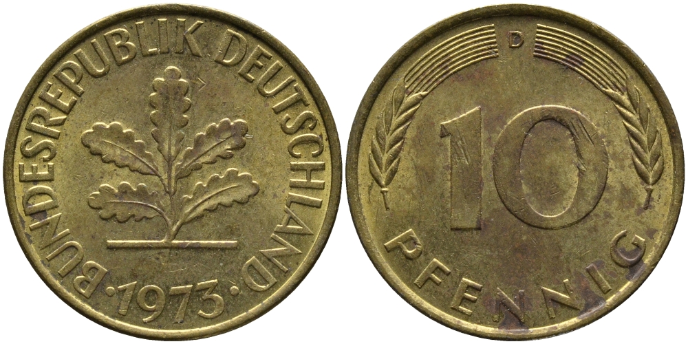 ФРГ 10 ПФЕННИГОВ 1973 D KM 108, J. 383 сталь плакированная латунью 98-451