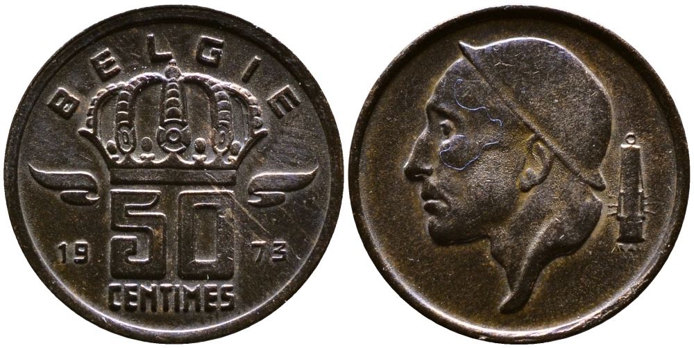Бельгия 50 сантимов 1973 Belgie, Бодуэн I (1951-1993) KM 149.1 бронза 4387-621