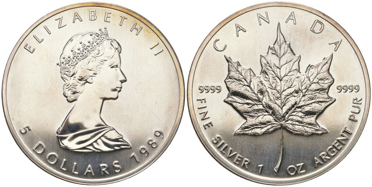 Канада 5 долларов 1989 Кленовый лист KM 163 серебро BU 1530-1445