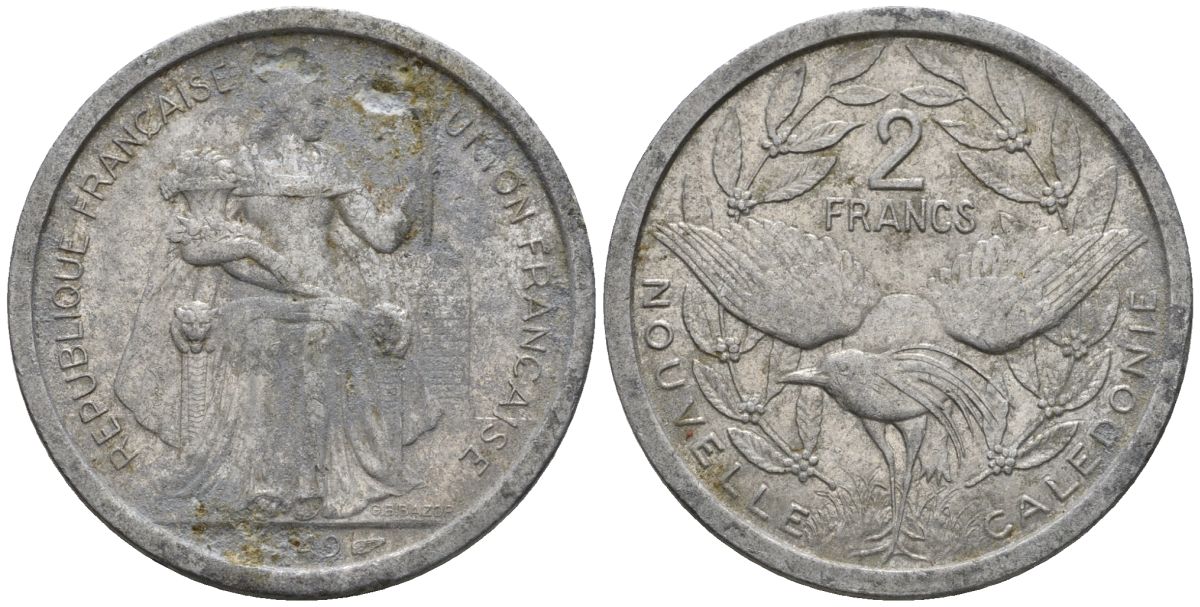 Французская Новая Каледония 2 франка 1949 птица кагу, (IEOM) KM 3, Schoen 3, Lec 55 алюминий    08-425
