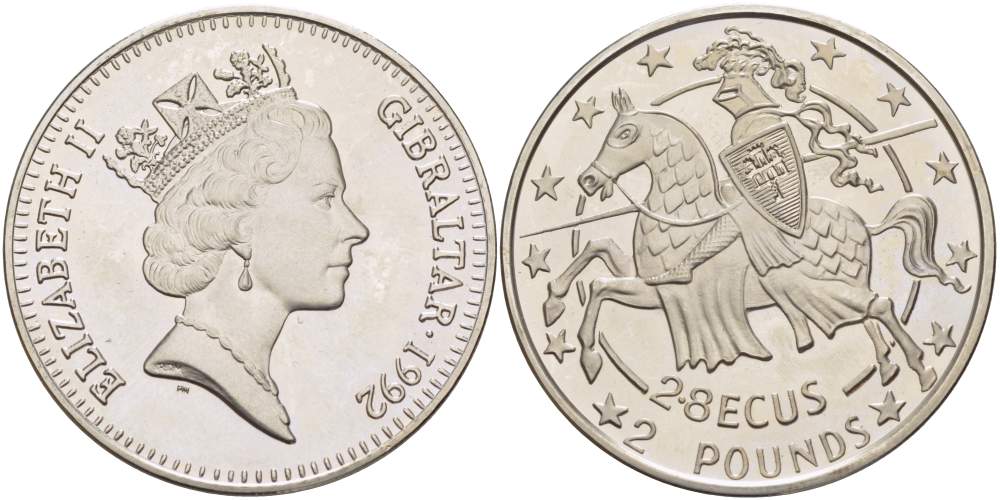 Гибралтар 2.8 экю-2 фунта 1992 РЫЦАРЬ ВСАДНИК НАЛЕВО KM 293 медно-никель UNC 4527-512