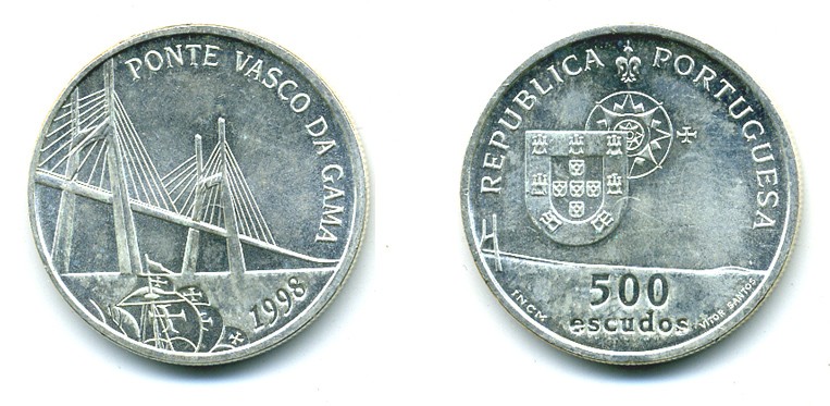 ПОРТУГАЛИЯ 500 ЭСКУДО 1998 МОСТ ВАСКО ДЕ ГАММА KM 705 серебро UNC 7-5-25-41