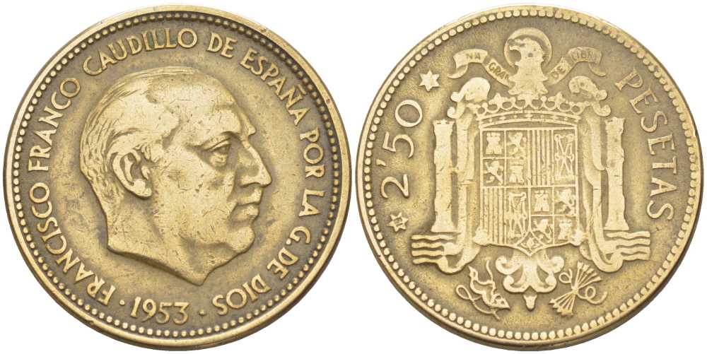 Испания 2,5 песеты 1953 (61) Франсиско Франко (1939-1975) KM 785 алюминиевая бронза 213-151