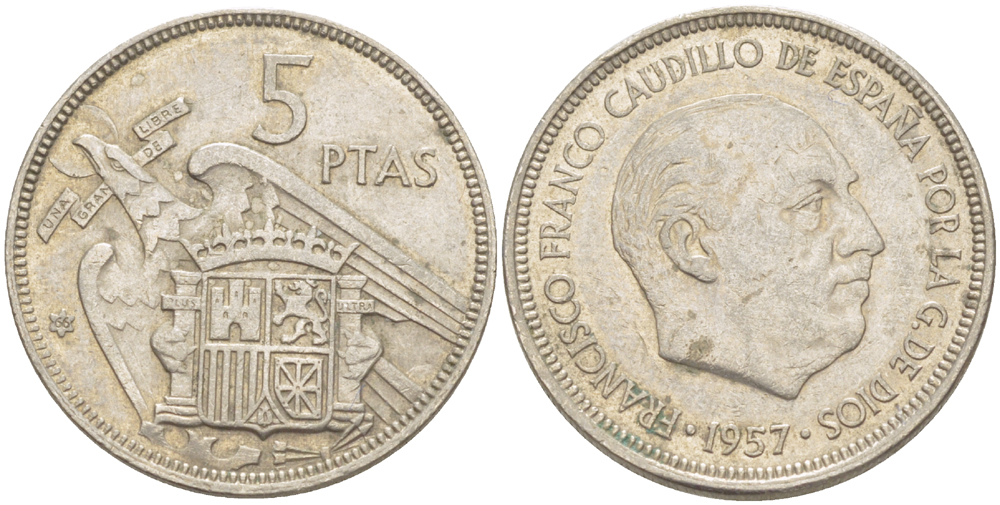 ИСПАНИЯ 5 ПЕСЕТ 1957 (66) ФРАНСИСКО ФРАНКО ДИКТАТОР ИСПАНИИ ( 1939- 1975) KM 786 медно-никель 216-646