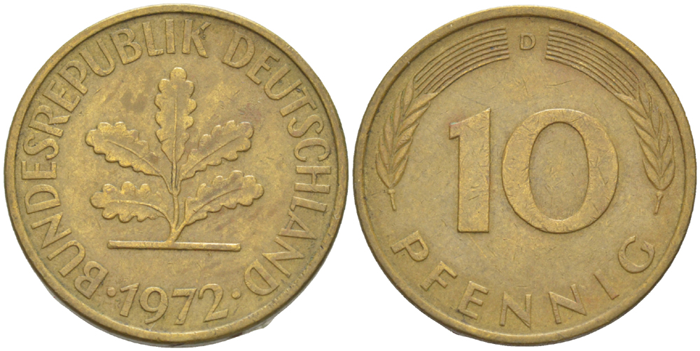 ФРГ 10 ПФЕННИГОВ 1972 D KM 108, J. 383 сталь плакированная латунью 4182-825