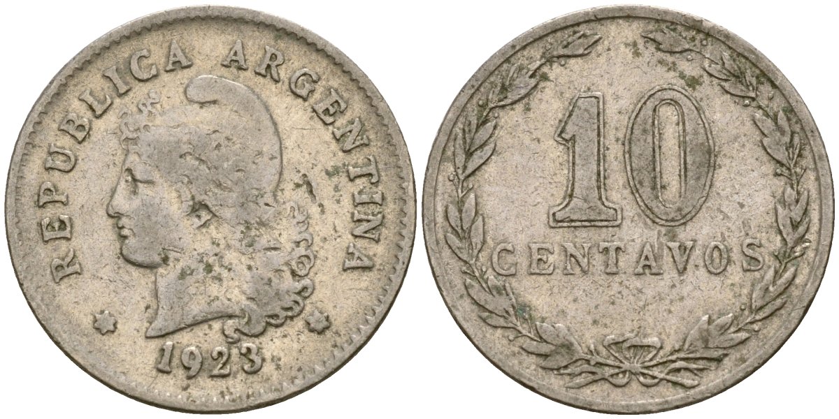 Аргентина 10 сентаво 1923 голова Свободы влево KM 35 медно-никель 220-749