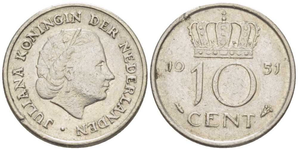 Нидерланды 10 центов 1951 Юлиана (1949-1980) KM 182 никель 214-1142