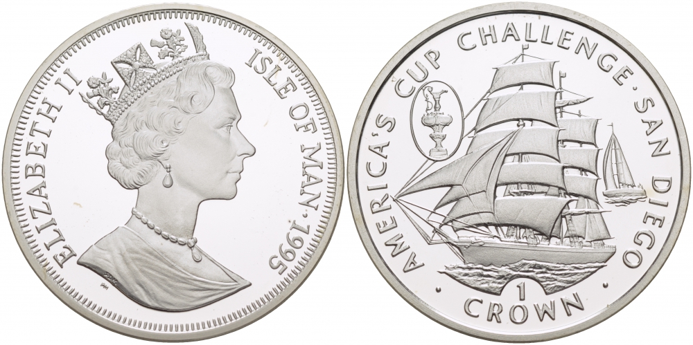 Остров Мэн 1 крона 1995 АМЕРИКАНСКИЙ КУБОК ЧЕЛЛЕНЖЕРА В САН ДИЕГО, ПАРУСНИК KM 524a серебро PROOF 00-000-00