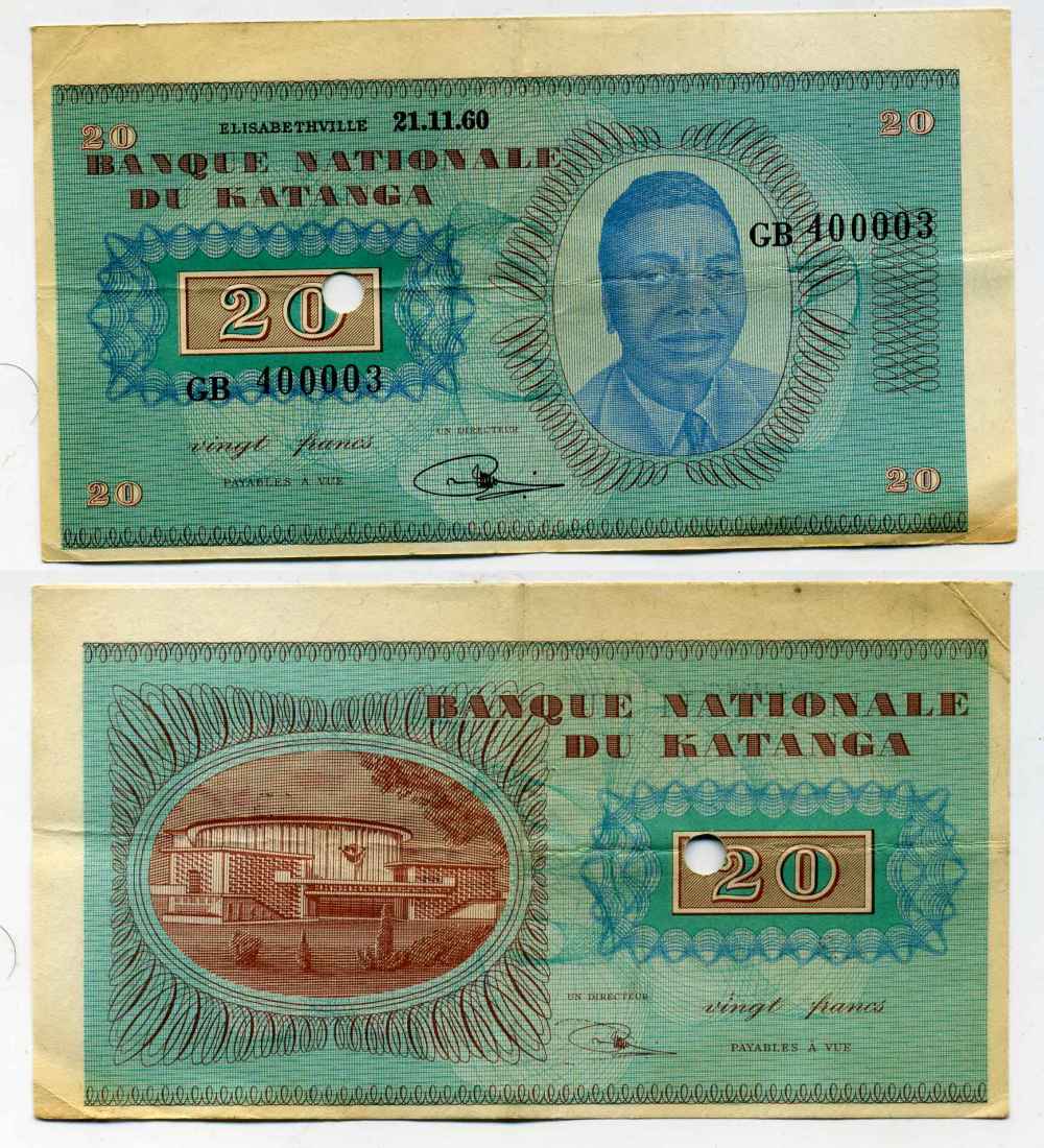 Катанга 20 франков 1960 21.11.1960, президент Моиз Чомбе, национальная ассамблея Pick 6а  бумага   451-298-1