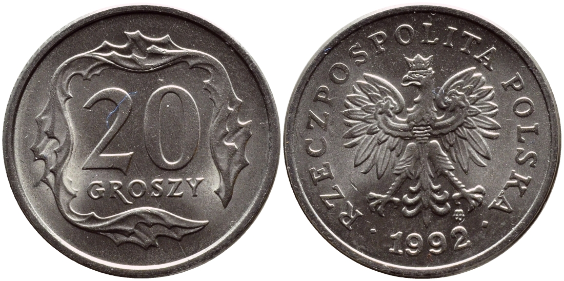 ПОЛЬША 20 ГРОШЕЙ 1992 MW KM 280 медно-никель UNC 26-847