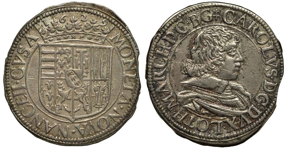 Лотарингия 1 тестон 1629 Карл IV (1625-1634), первое правление, город Нанси, регион на северо-востоке Франции, вес 8,74 г KM 45 серебро 00-000-00