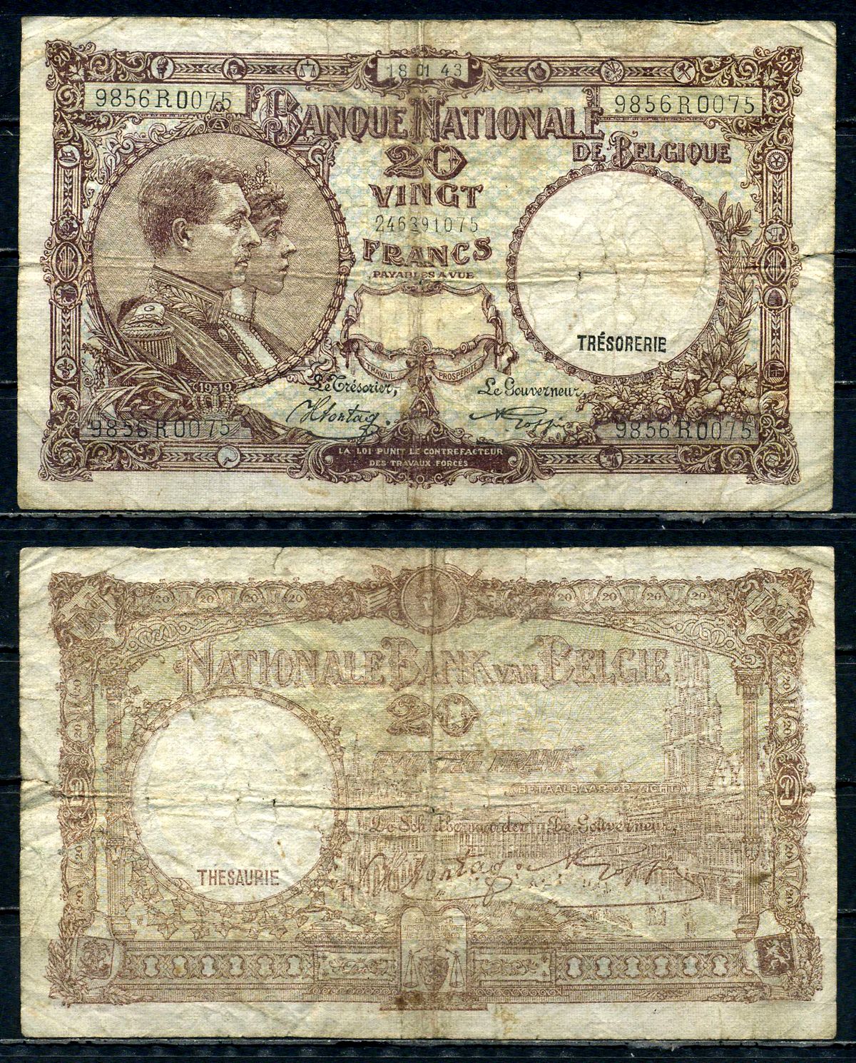 Бельгия 20 франков 1943 18.01.1943, Король Альберт I и его жена Королева Елизавета, Гран-Плас / Гроте Маркт, Брюссель Pick 111 (2) бумага 6301-34-1-2