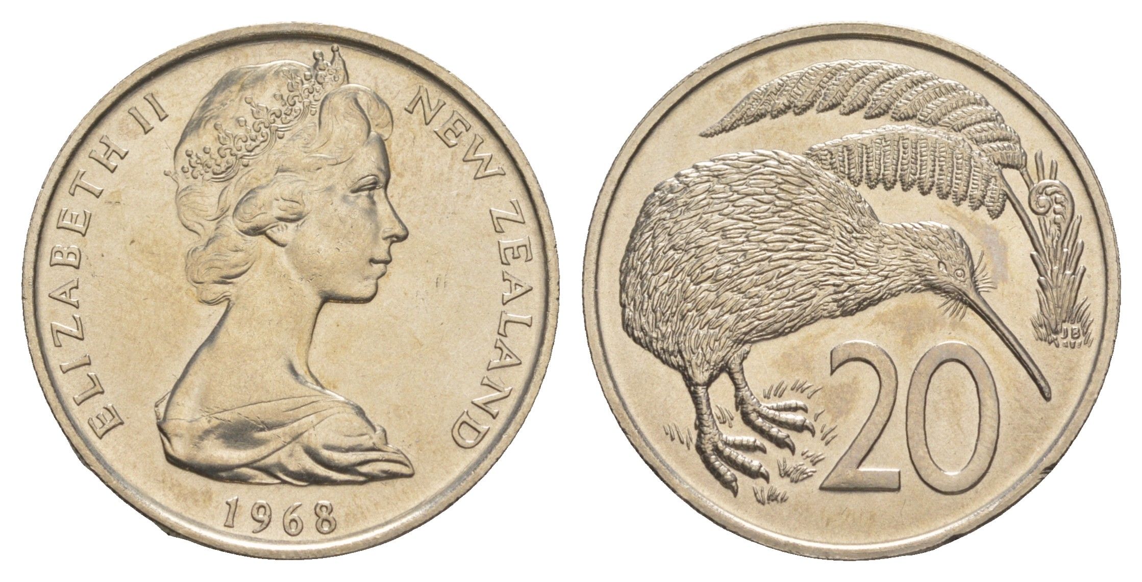 Новая Зеландия 20 центов 1968 Елизавета II (1952-2022), птичка киви, тираж 35.000 экземпляров KM 36 медно-никель BU 93-526