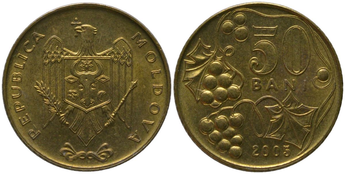 Молдавия 50 бани 2005 KM 10 сталь плакированная латунью UNC 4549-1064