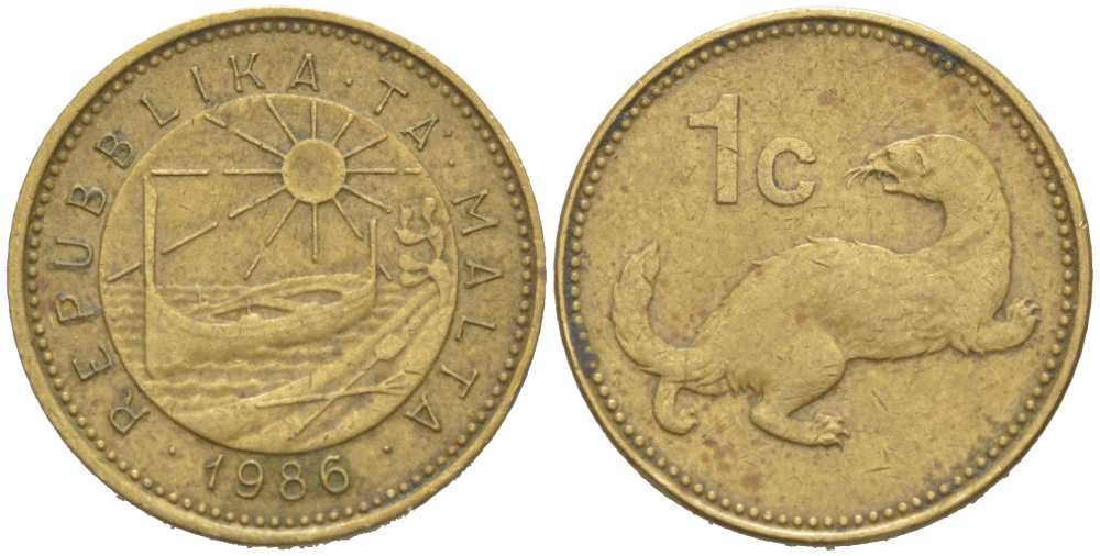 Мальта 1 цент 1986 Ласка, горностай KM 78 никель латунь 218-1225