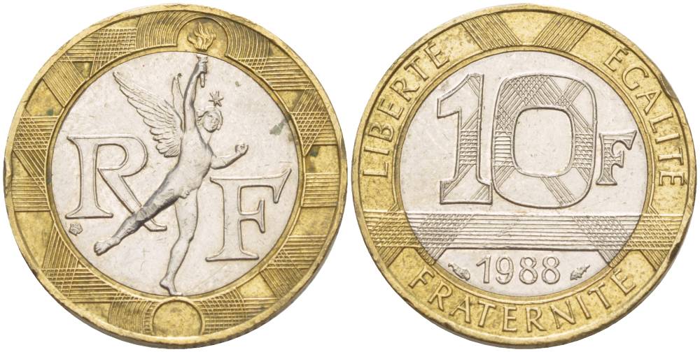 Франция 10 франков 1988 тип гений Бастилии KM 964.1, Le Franc 375.2 биметалл 4551-636