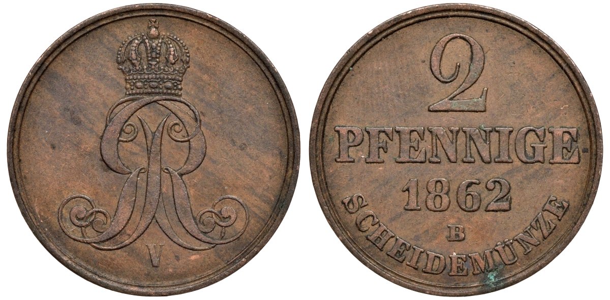 Брауншвейг-Каленберг-Ганновер 2 пфеннига 1862 B, Георг V (1851-1866) KM 234, AKS 153, J. 91 медь 4142-312