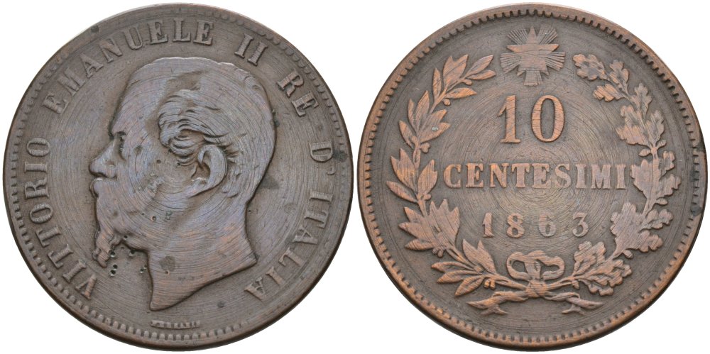 Италия 10 чентезимо 1863 Виктор Иммануил II (1861-1878) KM 11 медь 4574-444
