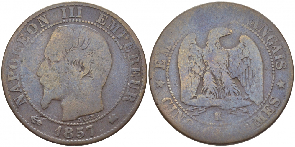 ФРАНЦИЯ 5 САНТИМОВ 1857 K, НАПОЛЕОН III (1852-1870) KM 777.5, LE FRANC 116.41 бронза 4448-121