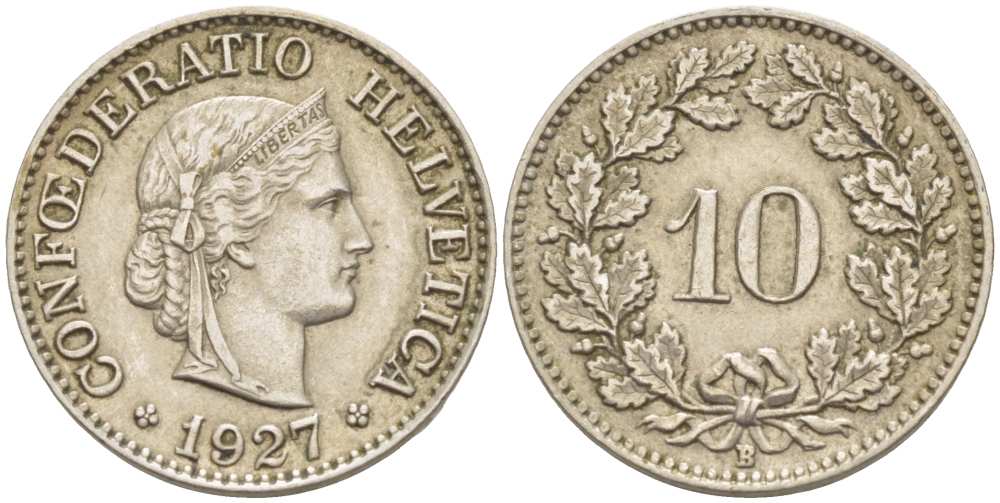 ШВЕЙЦАРИЯ 10 РАППЕНОВ 1927 В KM 27 медно-никель 4513-233