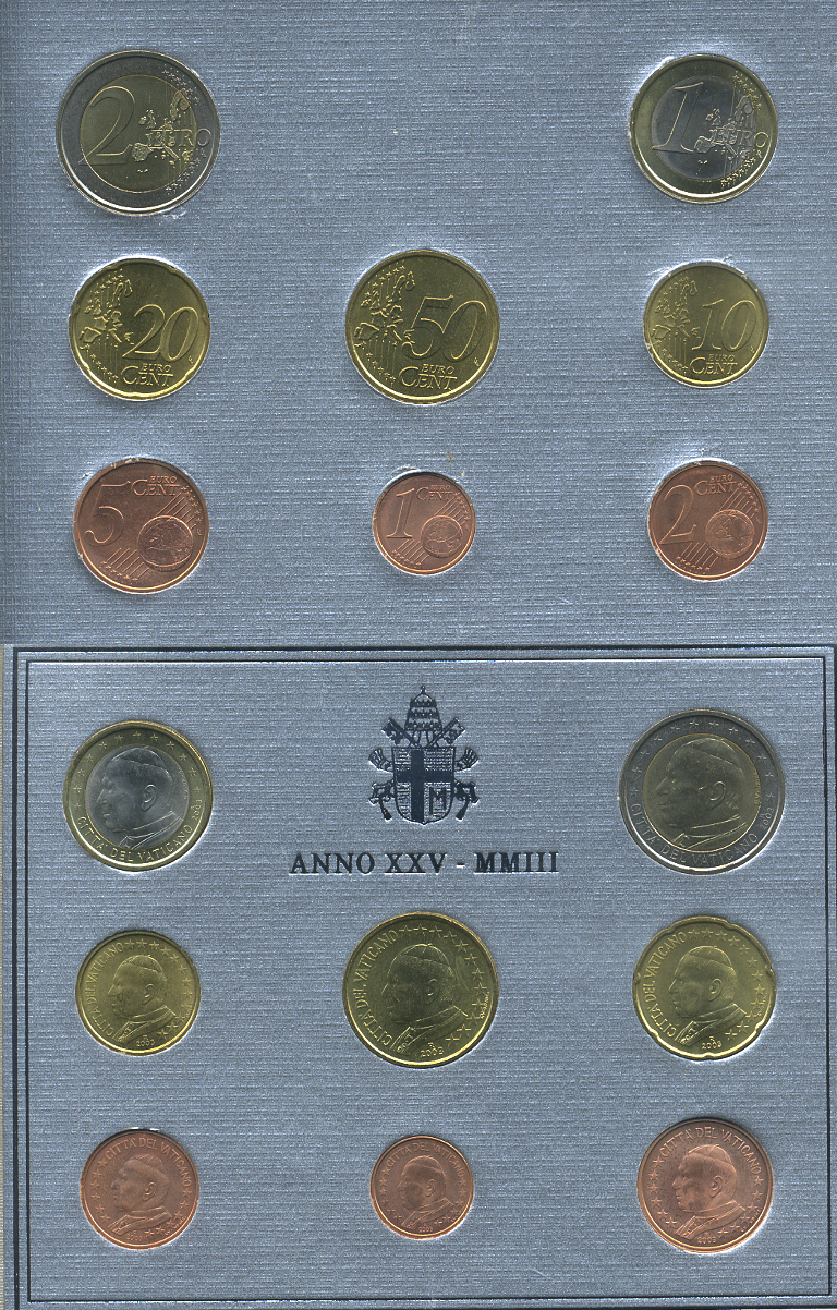 ВАТИКАН ЕВРОНАБОР ИЗ 8 МОНЕТ 2003 ИОАНН ПАВЕЛ II, В ОРИГИНАЛЬНОМ БУКЛЕТЕ KM MS 109 биметалл UNC 7-5-46