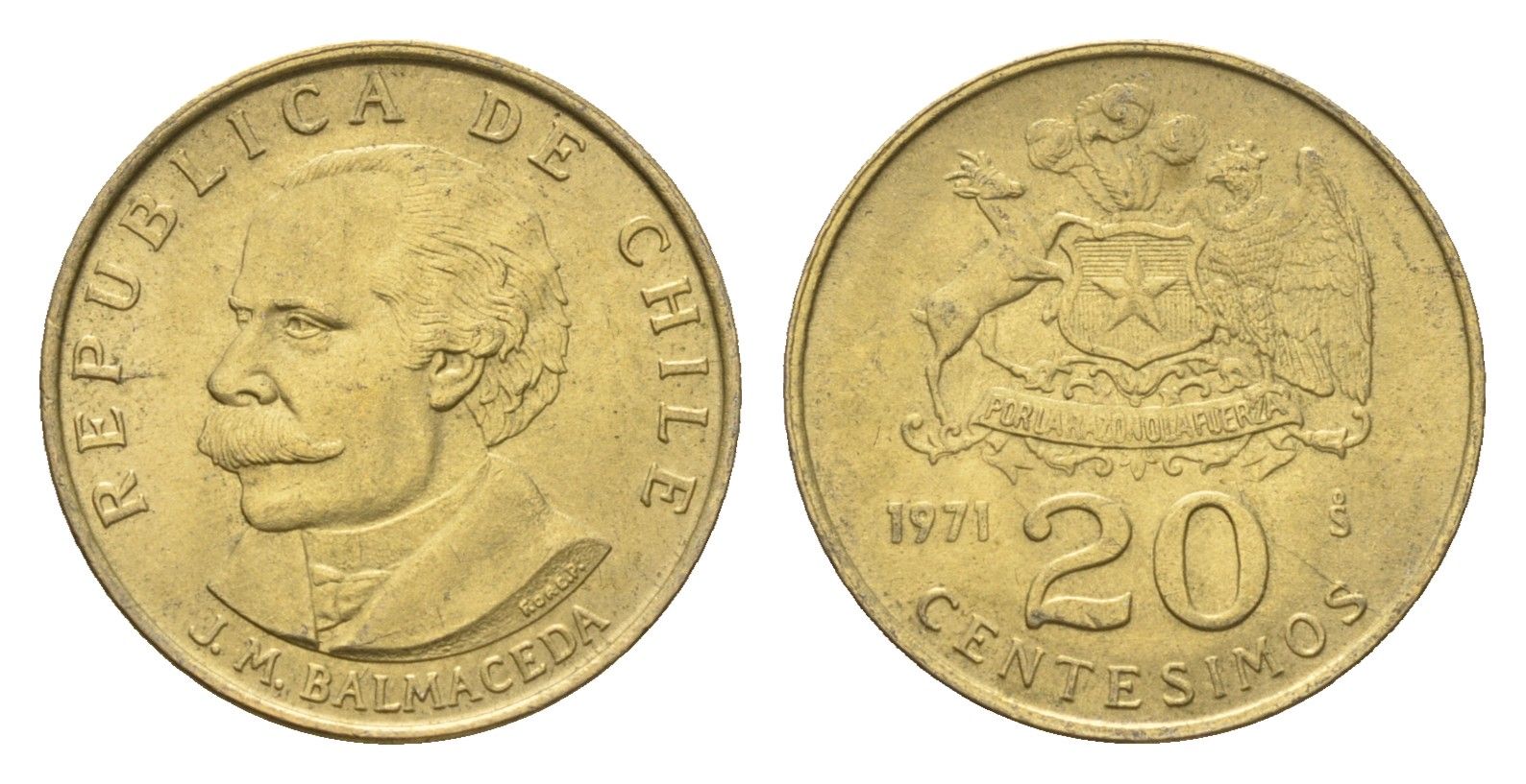 Чили 20 сентесимо 1971 KM 195 алюминиевая бронза UNC 4689-144