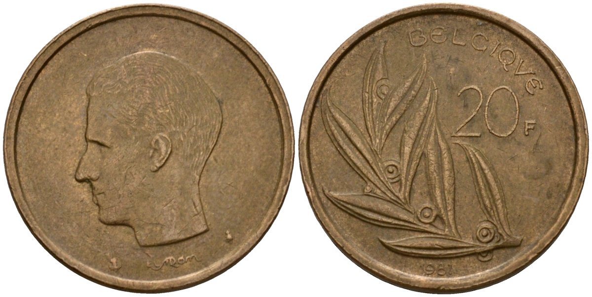 Бельгия 20 франков 1981 Belgique, Бодуэн I (1951-1993) KM 159 никель бронза 4601-344