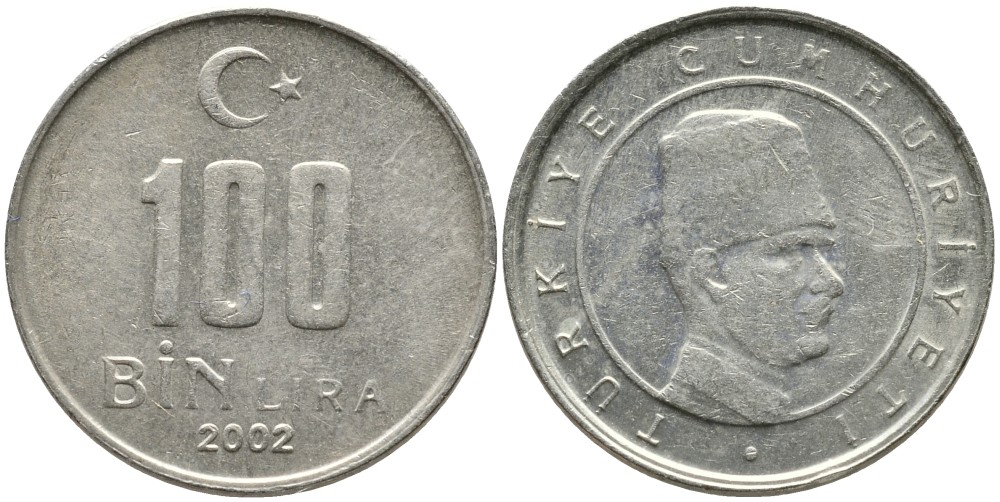 Турция 100000 лир 2002 Мустафа Кемаль Ататюрк KM 1106 медь никель цинк 4541-515