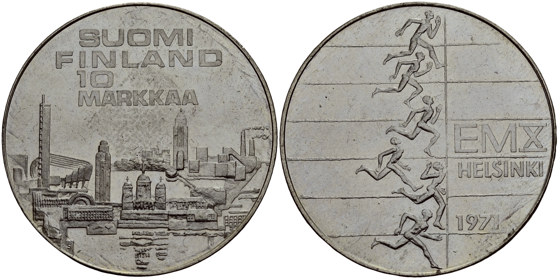 Финляндия 10 марок 1971 S-H, X Чемпионат Европы по легкой атлетике KM 52 серебро UNC 633-611