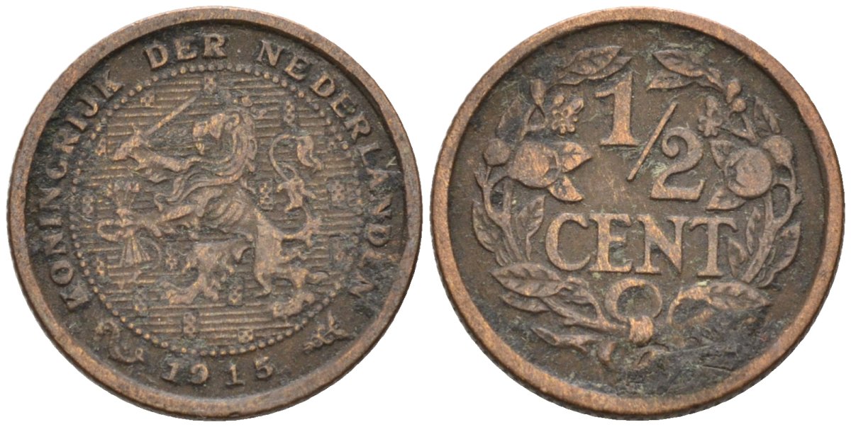 Нидерланды 1/2 цента 1915 Вильгельмина (1890-1948) KM 138 бронза 4576-358