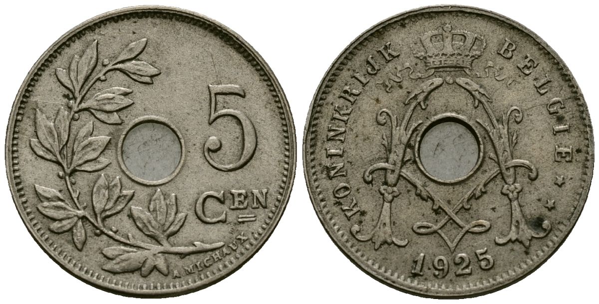 Бельгия 5 сантимов 1925 Belgie KM 67 медно-никель 4173-311