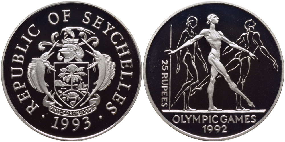 Сейшельские острова 25 рупий 1993 XXV летние олимпийские игры 1992 года в Барселоне, гиманстика, тираж 40000 экз. KM 70 серебро PROOF 1077-2-62
