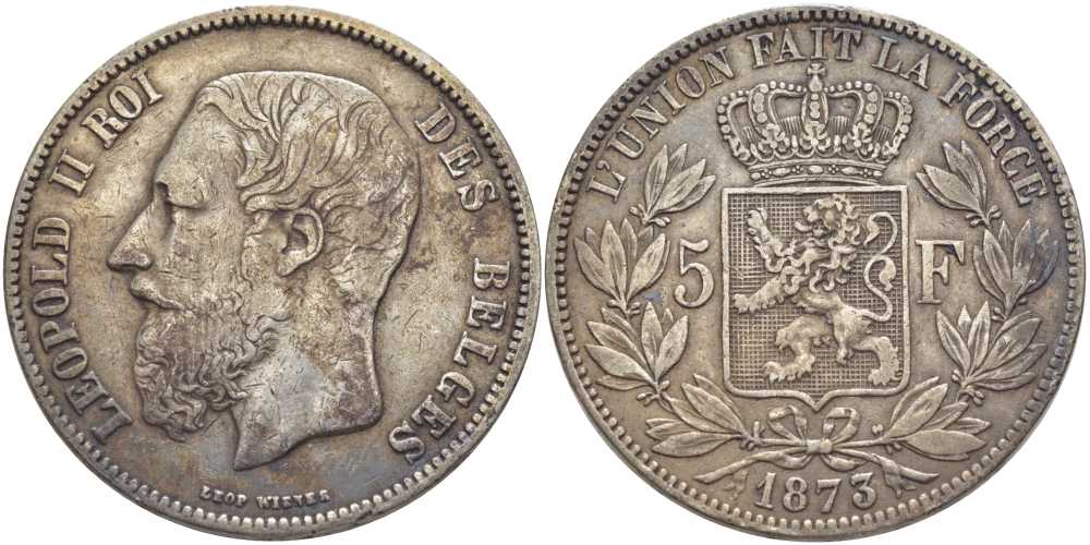 Бельгия 5 франков 1873 Леопольд II (1865-1909), позиция А KM 24 серебро 5010-944