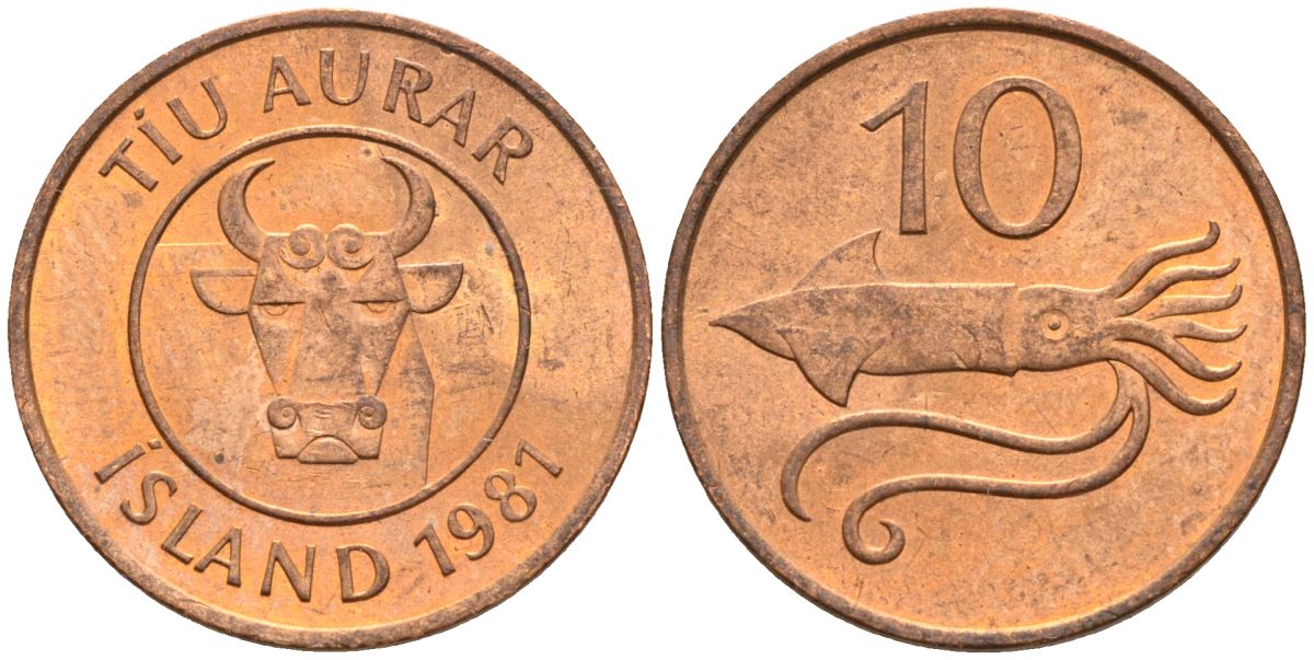 Исландия 10 эйре 1981 кальмар KM 25 бронза 4154-354