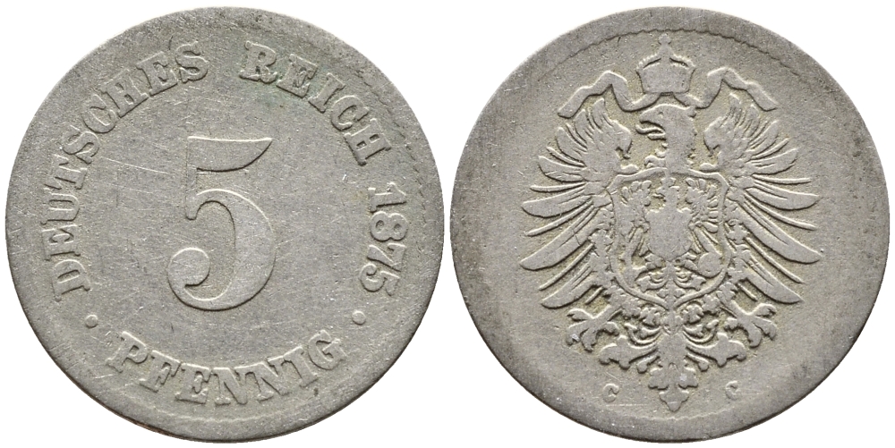 Германия 5 пфеннигов 1875 C, старогербовка KM 3, Jager 3, Weege 5 медно-никель 4387-743