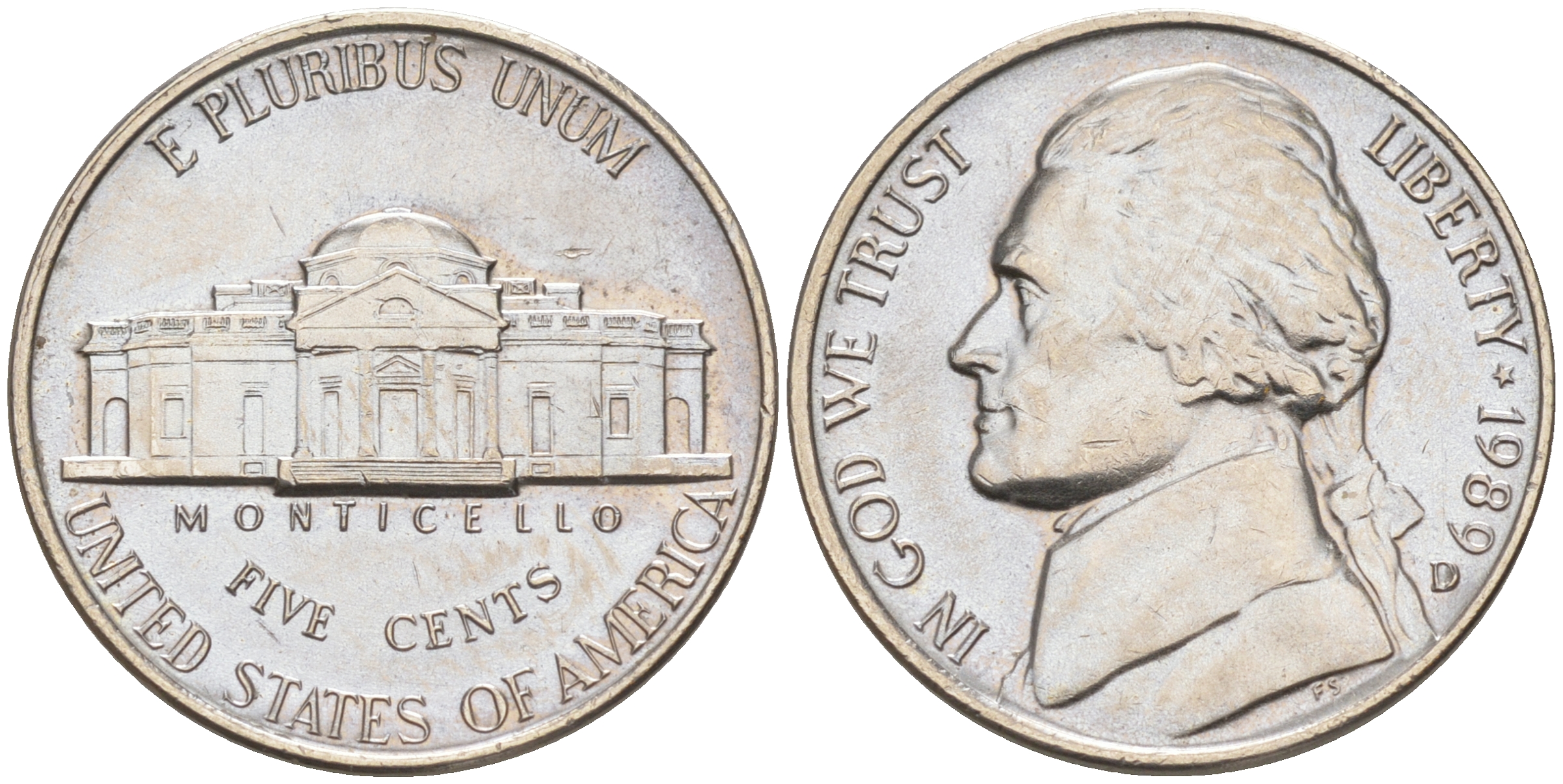 США 5 ЦЕНТОВ 1989 D, ДЖЕФФЕРСОН KM A192 медно-никель 190-155