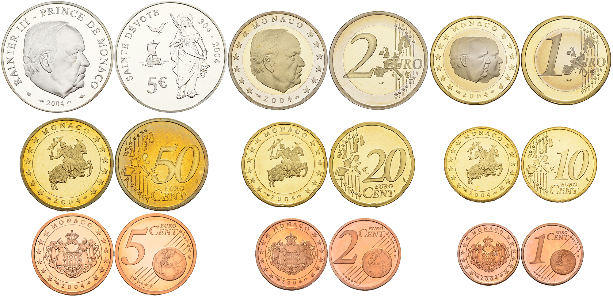 Монако евронабор из 9 монет 2004 в оригинальной коробке с сертификатом биметалл PROOF 4-3-2-09